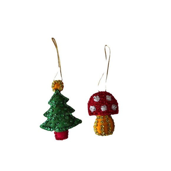 Two Vintage Bucilla Mushroom & Christmas Tree Sequin Felt Ornaments